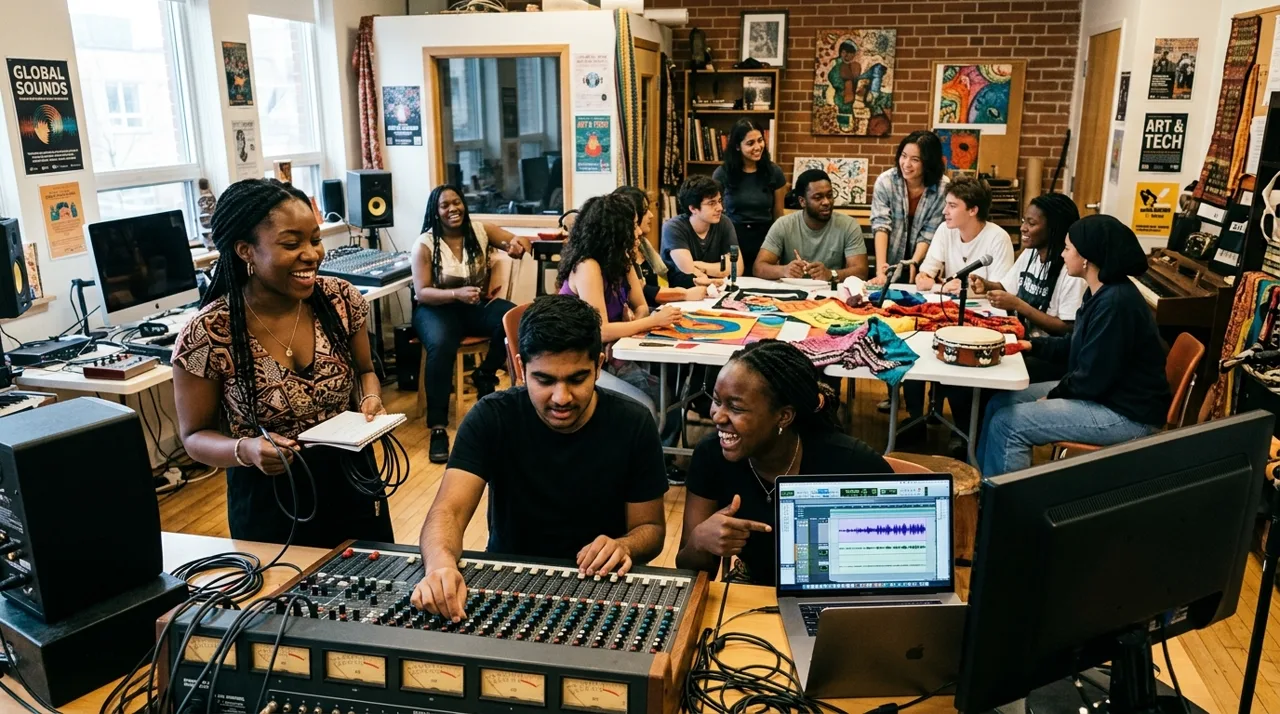Jeunes participants réunis lors d'un atelier pratique d'ingénierie musicale